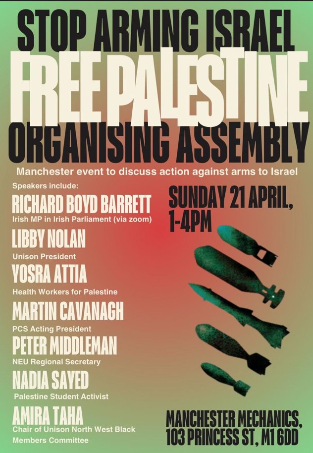 Manchester Assembly for Palestine: Stop Arming Israel?

Sunday 21st April, 1pm-4pm at Manchester Mechanics (M1 6DD).

Hosted by NW Unison Black Members Committee.

We'll be contributing to this debate tomorrow from a perspective consistent with #NEU2024 Motion 36.