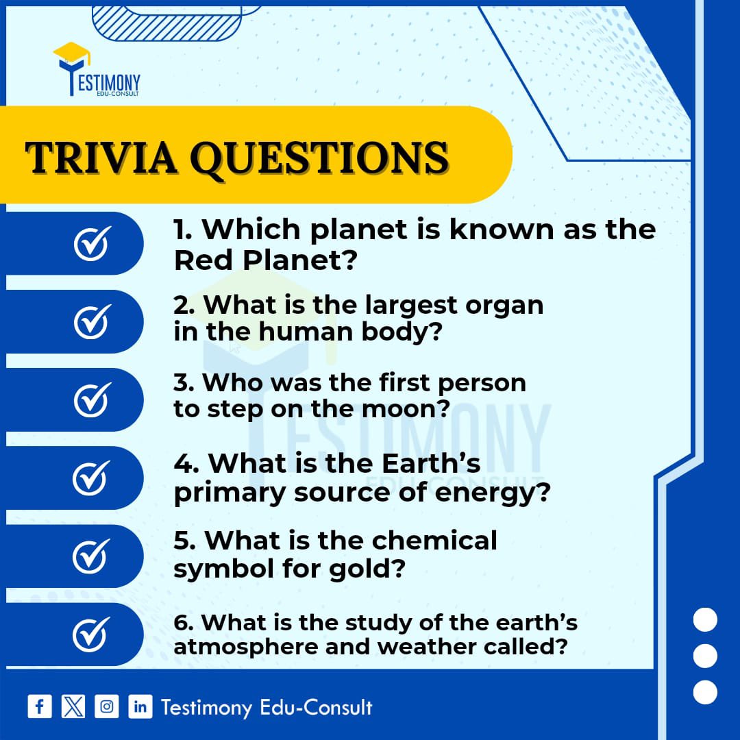 It's time for trivia⏰🥳. Answer all five questions✅ correctly in 20 minutes and stand a chance of winning🏆 1000 naira worth of data. Time ⏰starts now
T&C apply
#TriviaFriday 
#education