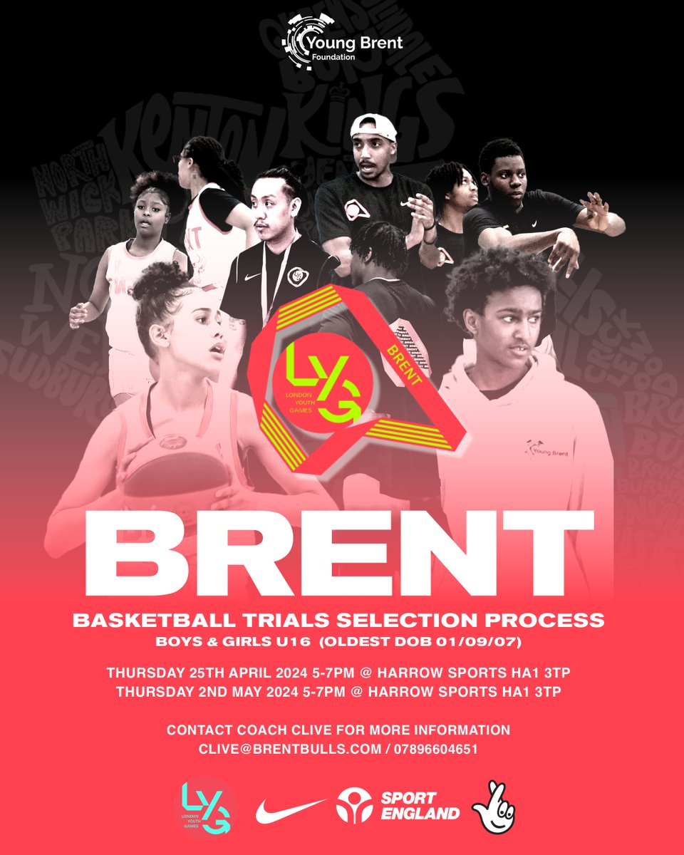 Calling all basketball talent in the Borough of Brent ✅ To be eligible Boys & Girls must live or go to school in Brent 🔹 Oldest DOB is 01/09/07 🔹 Trials will be on 25.04.24 / 02.05.24 5-7pm for both boys and girls. 🔹 LYG will take place on the 25.05 Working w/ @BrentYPF