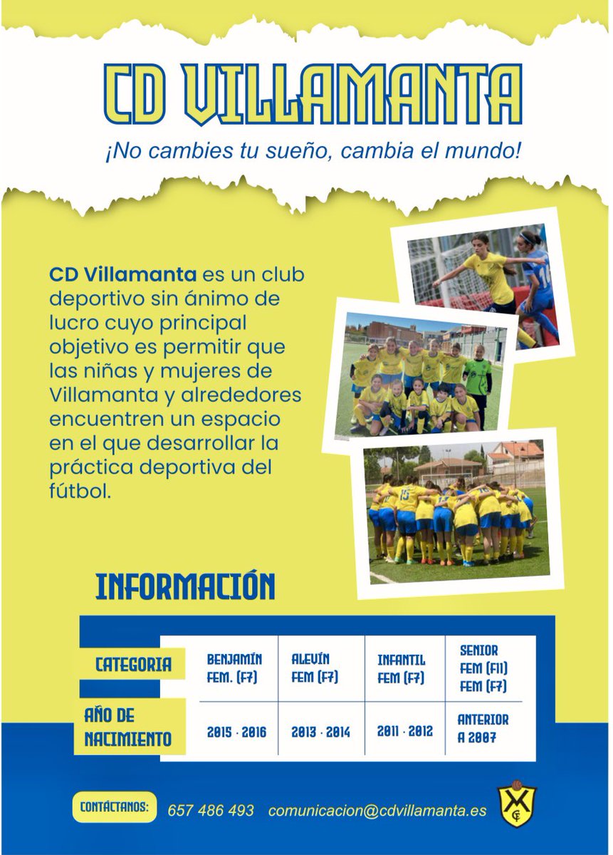 📰🚨 ¡NOTICIA! 

Si eres chica, te gusta el futbol y quieres competir en un equipo plenamente femenino, esta es tu oportunidad 

𝗥𝗘𝗦𝗘𝗥𝗩𝗔 𝗧𝗨 𝗣𝗟𝗔𝗭𝗔 𝗣𝗔𝗥𝗔 𝗟𝗔 𝗧𝗘𝗠𝗣𝗢𝗥𝗔𝗗𝗔 𝟮𝟰/𝟮𝟱 📝🫱🏼‍🫲🏻

cdvillamanta.es/preinscripcion/