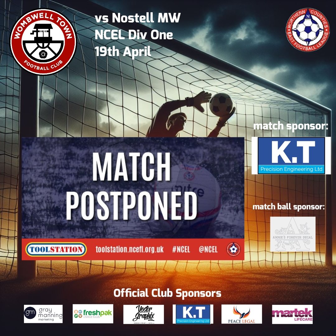 Tonight's game against @NostellMWFC has sadly been postponed due to our visitors being unable to field a team. We apologise for the inconvenience and await the outcome of their withdrawal from the fixture from the @NCEL We host @parkgatefc on Thursday 25th April.