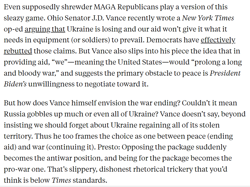 Similarly, JD Vance smuggled into his @nytopinion piece the idea that 'we' (the US) will 'prolong' war by renewing aid and that *Biden's* refusal to negotiate is keeping it going. Surprised NYT let him get away w/erasing Russian agency so deceptively. 5/ newrepublic.com/article/180808…