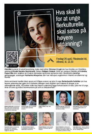 Hvorfor satse på høyere utdanning? Fredag 26/4 arrangerer @OsloMet seminar om unge med minoritetsbakgrunn og utfordringene deres med å søke seg til høyere utdanning. Mer info om seminar og lenke til strømming >> oslomet.no/om/arrangement…