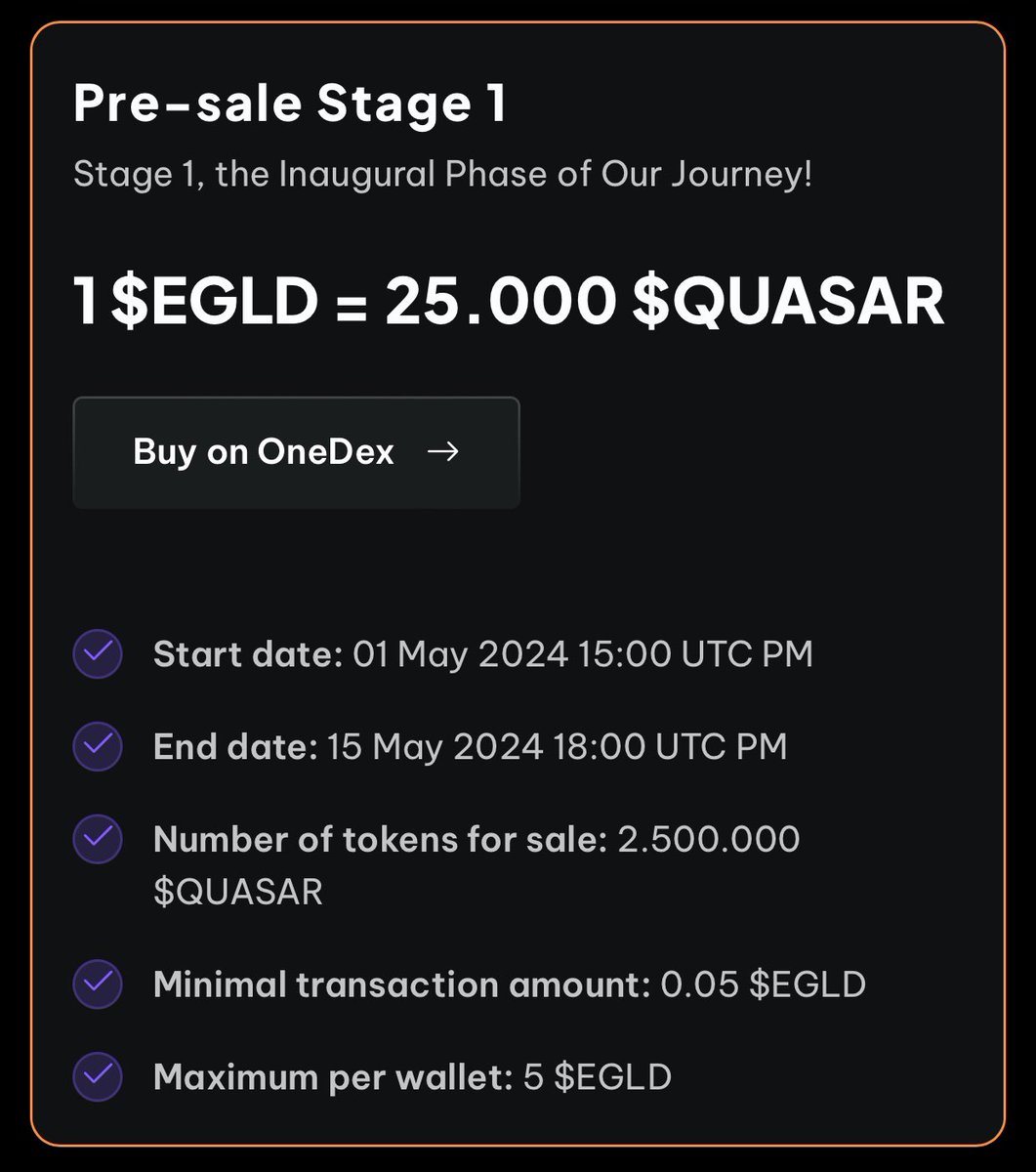 🎉 Pre-sale Stage 1 🎉

   We're thrilled to announce that Pre-sale Stage 1 will launch on <a href="/OneDex_X/">OneDex</a> on May 1, 2024, 15:00 PM UTC! Join this exclusive opportunity until May 15, 2024, 18:00 PM UTC or until all tokens are sold out.
#MultiversX #MVX #presale #sale #OneDex 

More