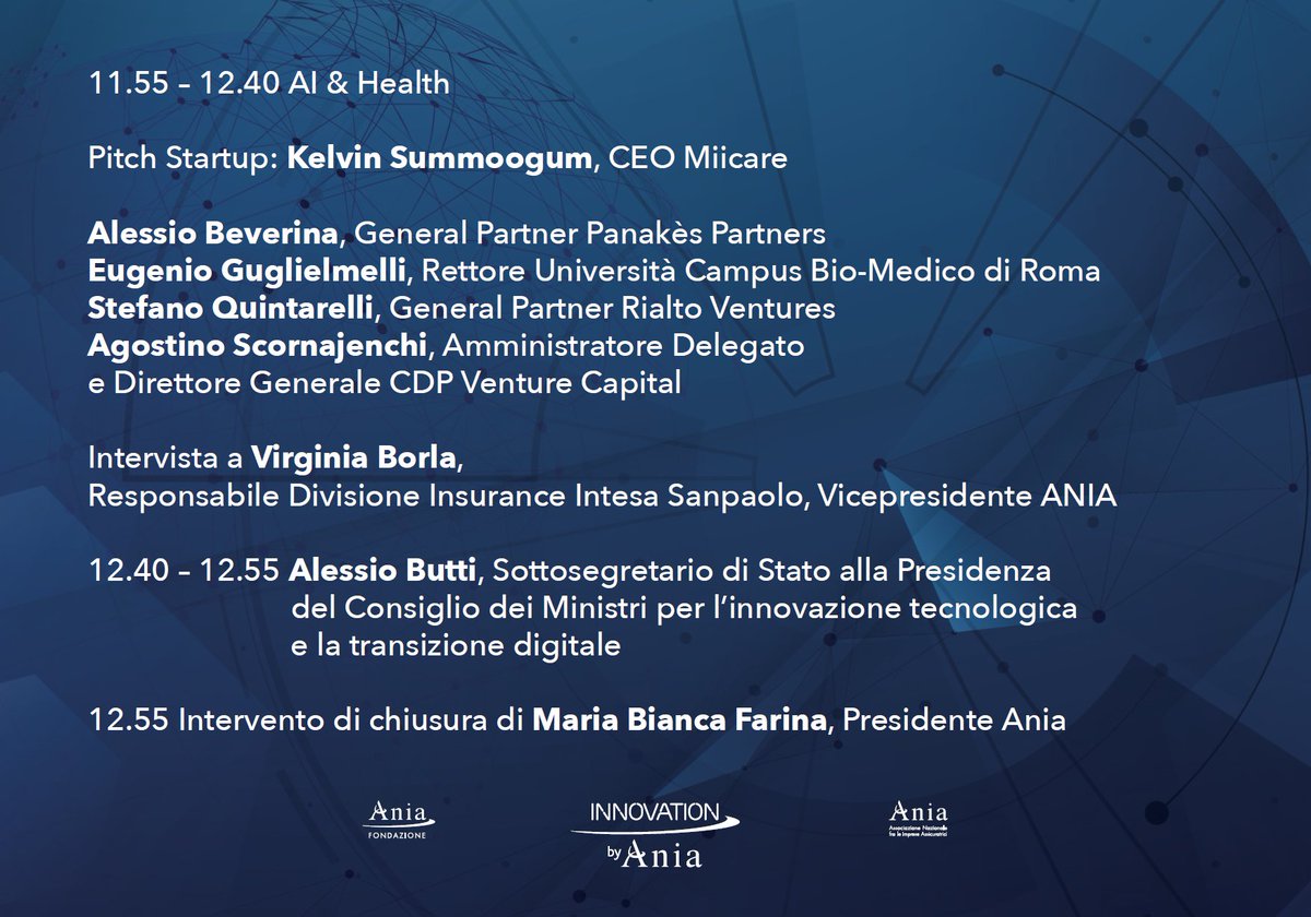Assicurazioni e Intelligenza Artificiale: Innovazione al servizio del Paese
#InnovationbyANIA #23aprile
Agenda: ania.it/web/ania/-/inn…

@extantiacapital <a href="/gspazianitesta/">Giorgio Spaziani Testa</a> <a href="/Confedilizia_/">Confedilizia</a> <a href="/ScuolaSantAnna/">ScuolaSantAnna</a> <a href="/miiCAREuk/">MiiCare</a> <a href="/alessio/">alessio beverina</a> <a href="/panakes/">Panakes Partners</a> <a href="/eugeniogug/">Eugenio Guglielmelli</a> @Campus <a href="/intesasanpaolo/">Intesa Sanpaolo</a> <a href="/AlessioButti_/">Alessio Butti</a>