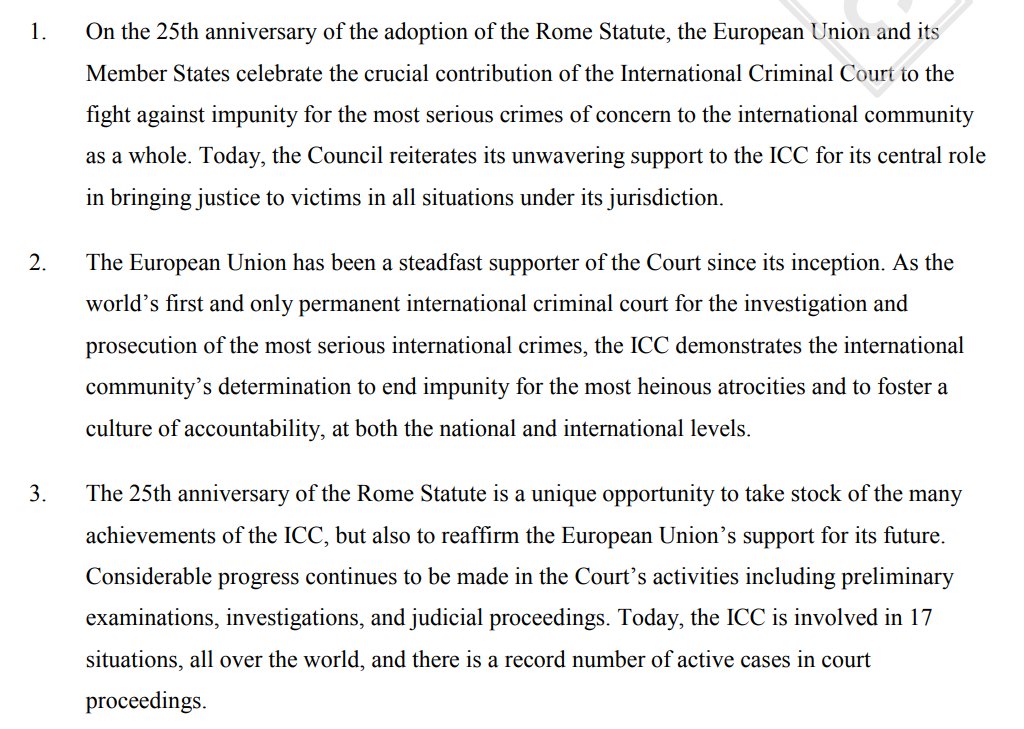 Just a random reminder of the #EU's position on the #ICC, as unanimously agreed at the highest level by heads of state/government in June last year: data.consilium.europa.eu/doc/document/S… Also, all 27 EU govs are parties to the Rome Statute, hence obliged to execute ICC arrest warrants 👋🏽👋🏽👋🏽