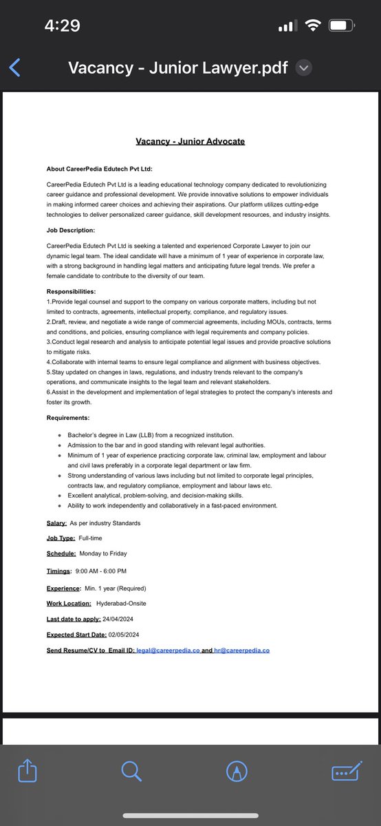 #Hiring Vacancy for Law graduates in Hyderabad Apply before 24.04.2024.