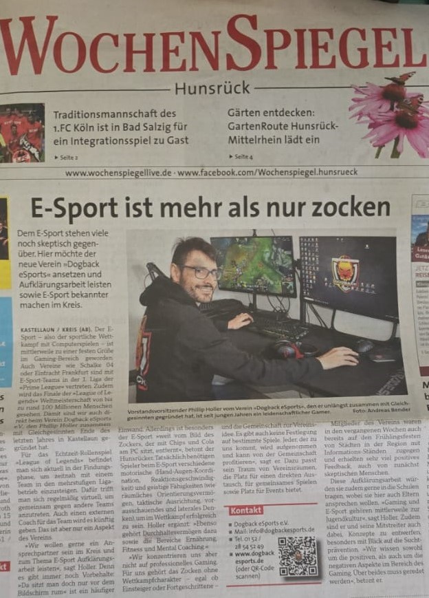 Wir haben es wieder geschafft! 📰 
Heute/Morgen sind wir mit auf der Titelseite des Wochenspiegels!

Der Artikel wird nächste Woche auch online verfügbar sein, und wir werden ihn natürlich mit euch teilen. 🙏 

Wir setzen uns dafür ein ESport im Hunsrück voranzutreiben! 🙌