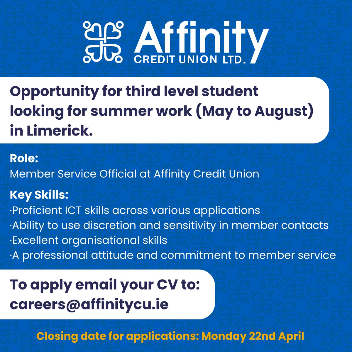 Summer Job Opportunity - Affinity Credit Union (Limerick) 📣☀ Role: Member Service Official from May-August If interested please email CV to careers@affinitycu.ie Closing date is Monday, April 22nd #ad #jobfairy #limerick