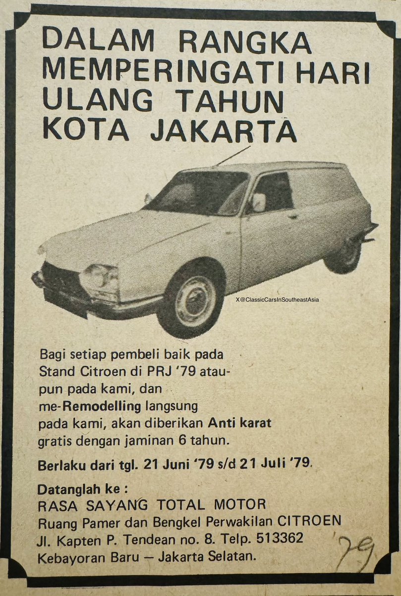 cars_asia's tweet photo. Citroen GS Break-based Service vans are rare in Indonesia today. To mark the city of Jakarta’s founding, and for those that “remodeled” the GS at the official distributor, a 1979 ad promised anti-rust treatment with 6 year guarantee. #FrenchCarFriday #CitroenGS #CitroenGSVan https://t.co/XRfB7EksQb