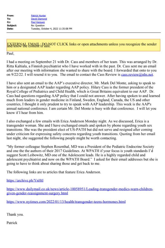 “The Cass Review team were not aware of his wider connections and political affiliations at this time” “The Cass Review team declined any further contact with Patrick Hunter after this meeting.” That’s not what Patrick Hunter thinks…