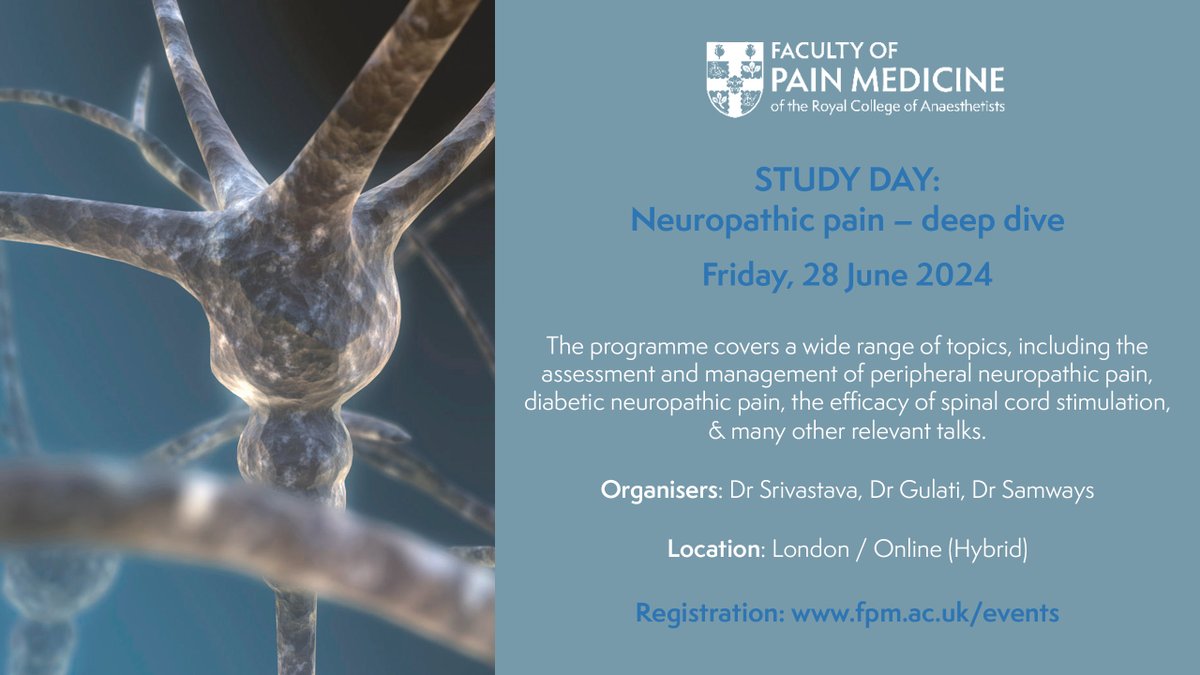 Only two weeks left to take advantage of our Early Bird offer for the Neuropathic Pain Study Day on 28 June. Register until 3 May to get discounted rates. Join us for a day of learning and networking: fpm.ac.uk/events/fpm-stu…