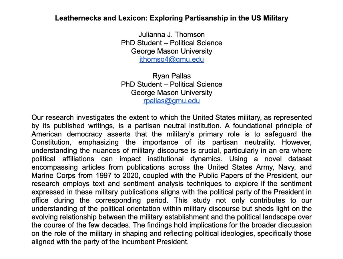 Ryan Pallas and I will be presenting our preliminary research on the military and partisanship at the @CMRC_USAWC Annual Conference on Civil-Military Relations. We're thankful for the feedback we have received from faculty @ScharSchool and look forward to sharing our work @us_awc