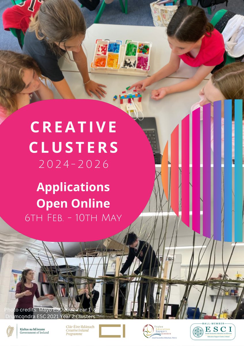 Creative Clusters 2024 - 2026 Applications Now Open! The deadline for receipt of applications is 10th May 2024 Link for more information and to apply online 👉 wtc.ie/programmes/41-…… @Education_Ire @creativeirl @ESCItweets @National_AiE