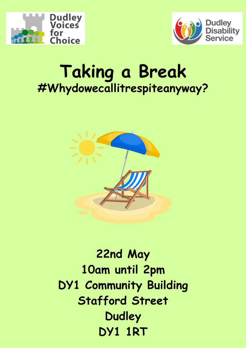 Come along and join the conversation 💬 we will be hearing about peoples experiences and thinking creatively about what respite means to us all <a href="/DvcDudley/">Dudley Voices for Choice Self Advocacy</a> <a href="/dudleymbc/">Dudley Council</a>