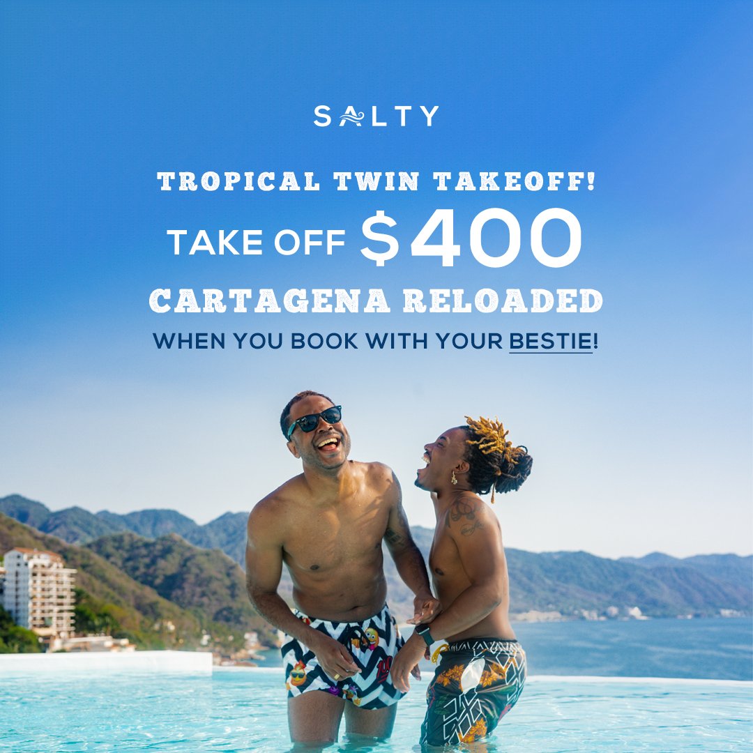 Book Cartagena Reloaded with your twin, bestie, or partner and get a total of $400 OFF! This offer is only valid for Cartagena Reloaded. 

🔗 ⁠saltytravels.co/twintakeoff⁠/

📍CARTAGENA JULY 26-30, 2024
⁠
#gaytravel #blacktravel #queertravel #lgbtqtravel