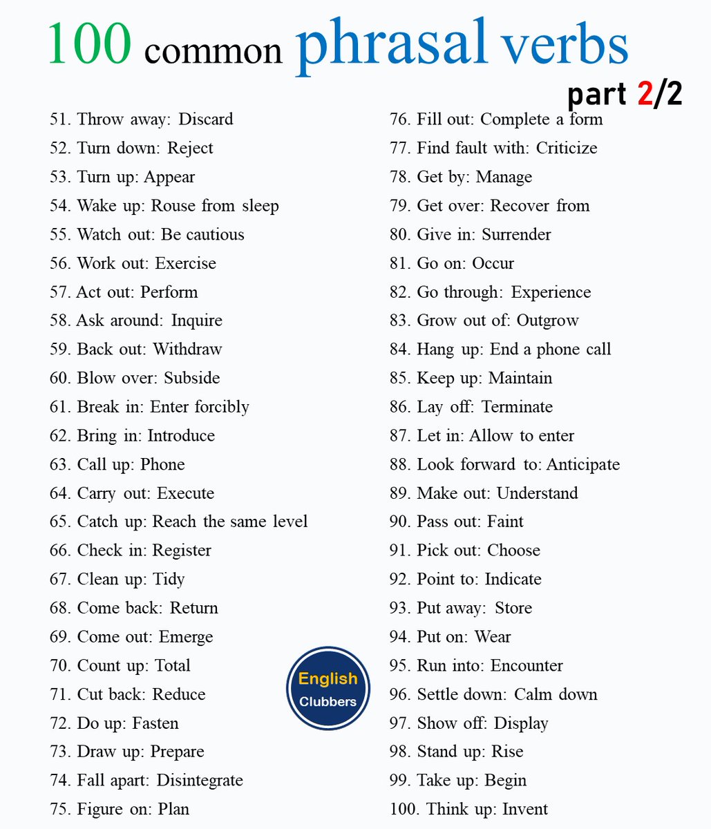 englishclubber's tweet photo. 100 common phrasal verbs in English | part 2/2 https://t.co/PK4xTBvgo5