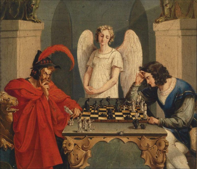 OMApproach's tweet photo. The point of this painting is not to show that humans have one move left  before checkmate as some priests claim; rather, it emphasizes the disappointment in the Angel's face for humans even agreeing to play a  game with the devil. The loss occurred there, right from the start. One  should never accept a game with the 'devil'.

Right from the start, you will notice the difference between the angel,  the human, and the devil. We are in the same realm as the devil, who  wants to keep us here in the materialistic realm, feeding us with  technology. He no longer has access to the higher realms, the life  force, and other parts of the soul, and he wants to ensure that humans  remain spiritually blinded and lose their way to the higher realms.

That's the whole point of this illusion; that's why there are no  differences between the human and the devil except for the clothes in  this photo, while the angel has wings, symbolizing the higher states of the soul.

The painting was created by Friedrich Moritz August Retzsch, a close friend of Johann Wolfgang Goethe, the greatest and most influential German writer, who was deeply involved in the occult knowledge and likely a Rosicrucian.