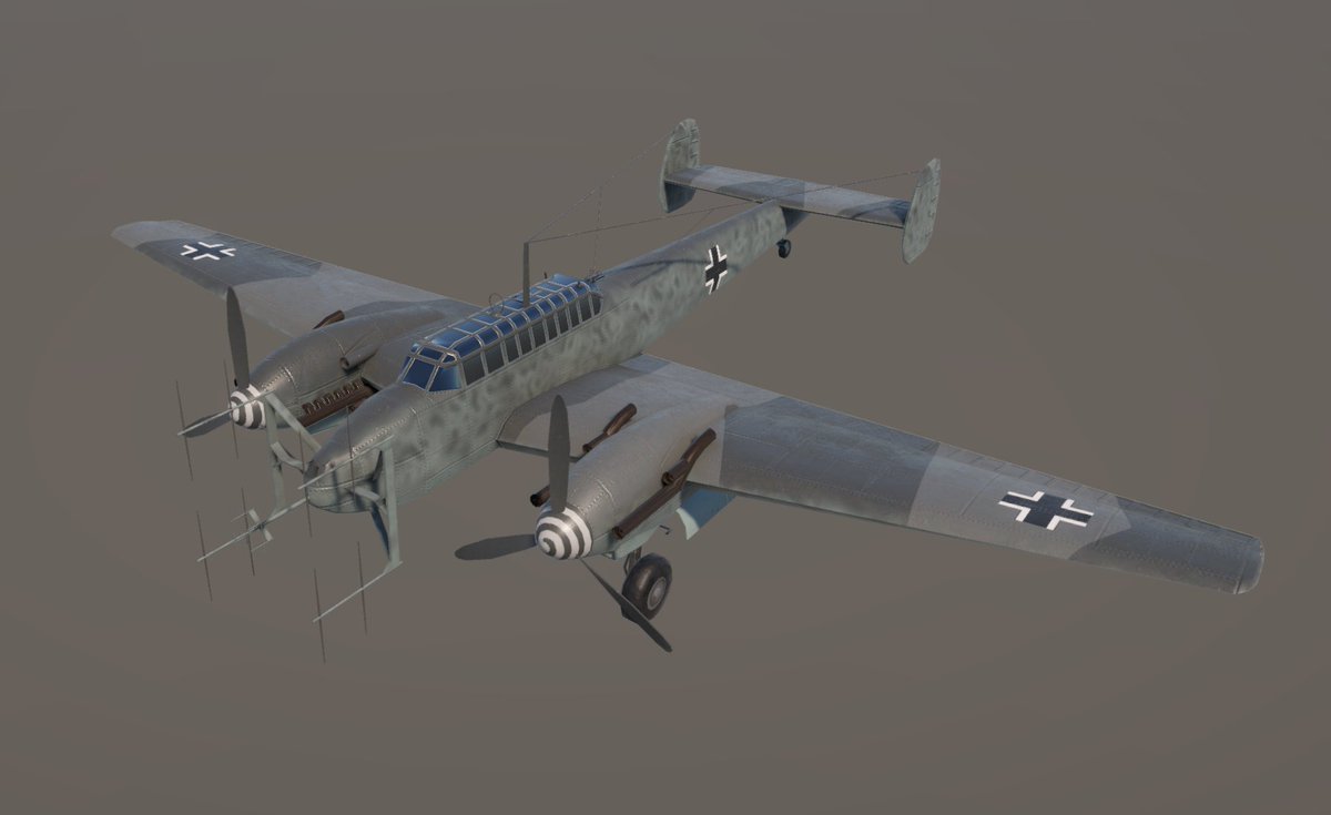 The Messerschmitt Bf 110 G-4: the last Bf 110 variant, it was designed for night fighting, and equipped with a Lichtenstein airborne radar to track enemy bombers. It was often armed with 'Schräge Musik' upward firing guns. #unity3d #assetstore #unityassetstore #gamedev #indiedev