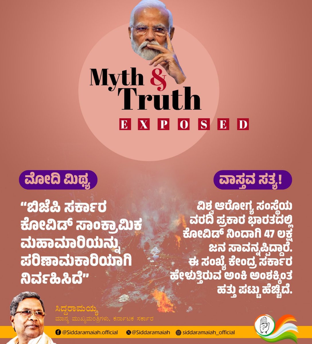 siddaramaiah's tweet photo. ಸುಳ್ಳೇ ತಮ್ಮ ಮನೆ ದೇವರೆಂದು ನಂಬಿರುವ ಪ್ರಧಾನಿ @narendramodi, ಹತ್ತು ವರ್ಷಗಳಲ್ಲಿ ದೇಶದ ಜನರಿಗೆ ಸುಳ್ಳುಗಳನ್ನು ಹೇಳುತ್ತಾ, ನಂಬಿಸುತ್ತಾ ಬಂದಿದ್ದಾರೆ.

ಉದ್ಯೋಗ, ಬಡತನ ನಿರ್ಮೂಲನೆ, ಗಡಿ ವಿವಾದ ಏನೇ ಇರಲಿ. ಸುಳ್ಳು ಹೇಳುವುದರಲ್ಲಿ ಅವರನ್ನು ಮೀರಿಸಿದವರು ಯಾರೂ ಇಲ್ಲ. 
80 ಕೋಟಿ ಜನ ಹಸಿವಿನ ಚಿಂತೆಯಿಂದ ಮುಕ್ತಿ ಪಡೆದಿದ್ದಾರೆ ಎಂದರು.
ಕೋವಿಡ್ ಅನ್ನು ಪರಿಣಾಮಕಾರಿಯಾಗಿ ನಿರ್ವಹಿಸಿದೆ ಎಂದರು. 
ಭಾರತದ 90% ಜನರಿಗೆ ಲಿಸಿಕೆ ನೀಡಿದ್ದೇವೆ ಎಂದರು. 
ಆದರೆ ವಾಸ್ತವ ಏನು? ಇಲ್ಲಿದೆ ಮಾಹಿತಿ 

#MythVsTruth