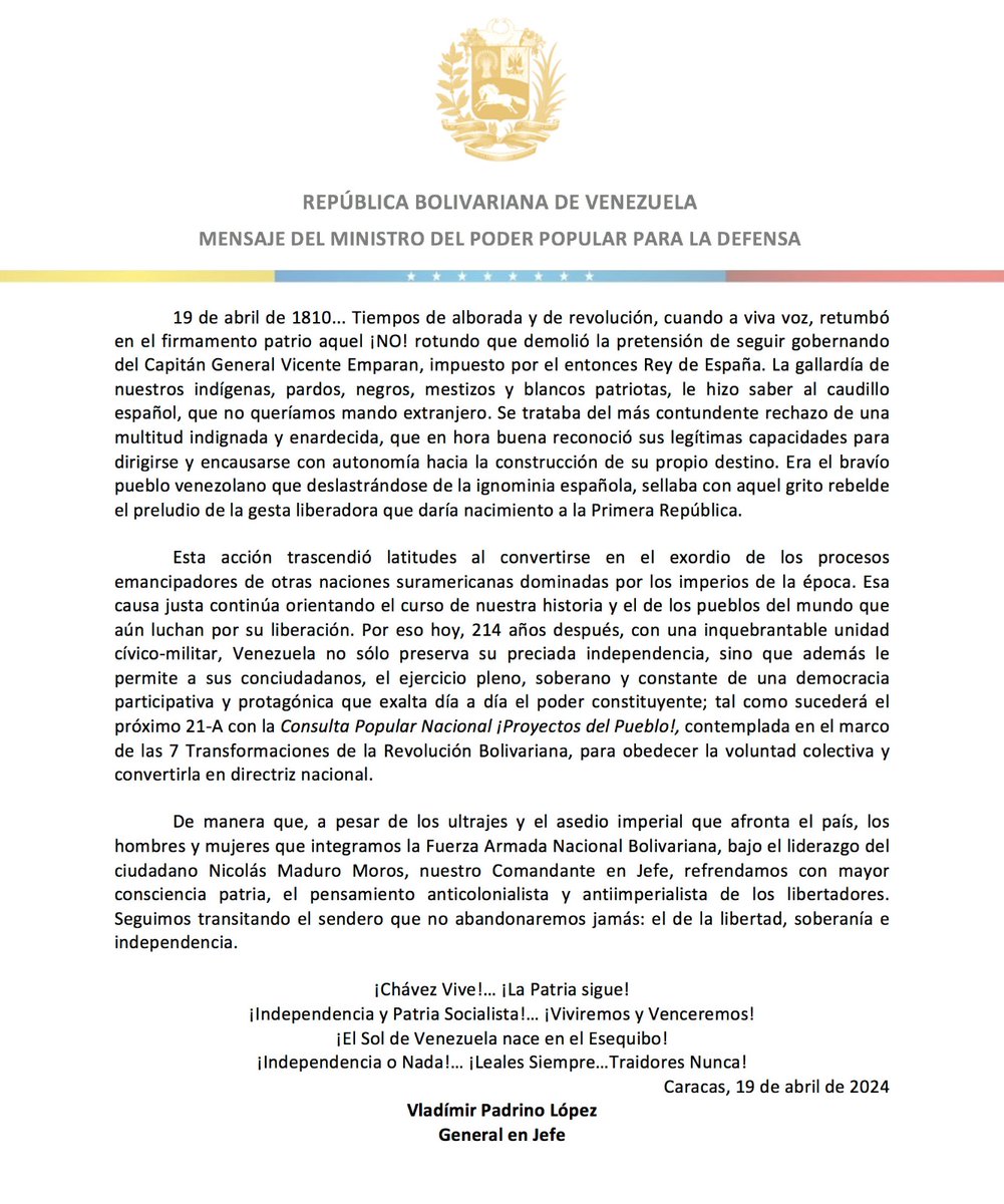 🗓️ #19Abr 📄#Importante || Mensaje del ciudadano GJ Vladímir Padrino López, en ocasión de celebrarse el 214º Aniversario de la Proclamación de la Independencia de Venezuela.🇻🇪 Enlace: acortar.link/R27xkX