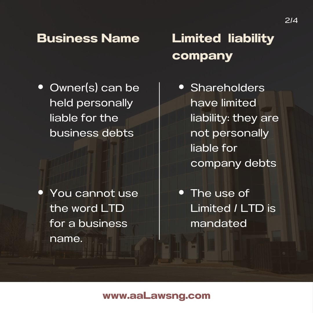 Differences between Business Name and Limited Company

#BusinessTips #Entrepreneurship #businessname #limitedcompany #Startup #BusinessAdvice #Successtips #EntrepreneurLife #BusinessOwners #MarketingStrategy #Leadership #aalawsng #lawfirmsinibadan