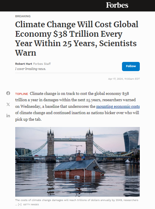 ThierryAaron's tweet image. So fossil fuel financers "@jpmorgan warns of need for ‘reality check’ on phasing out fossil fuels"

How's this for a reality check:
"Climate Change Will Cost Global Economy $38 Trillion Every Year Within 25 Years, Scientists Warn" 🤯

🧵 1/5