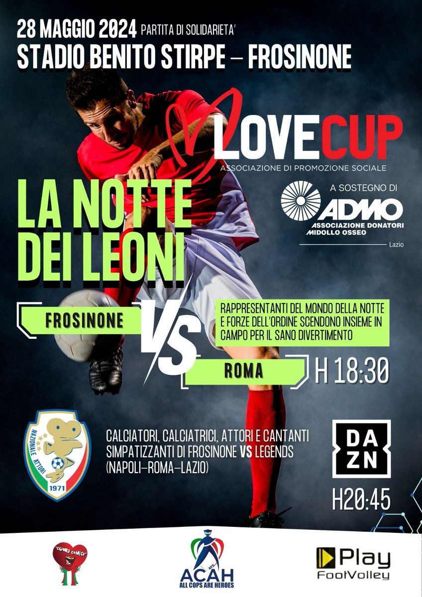 lovecup_it's tweet photo. La LoveCup torna in campo!
Vi aspettiamo il 28/05 allo stadio #Stirpe di Frosinone per una giornata all'insegna del sano divertimento e della solidarietà⚽️
#lovecup #lanottedeileoni https://t.co/wVyzcJYLyG