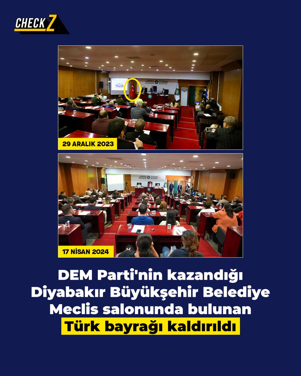 CHP'nin kent uzlaşısı yaptığı Dem Parti, kazandığı Diyarbakır Büyükşehir Belediye Meclis salonunda bulunan Türk Bayrağınından rahatsız olmuş ki kaldırma gereği duydu.