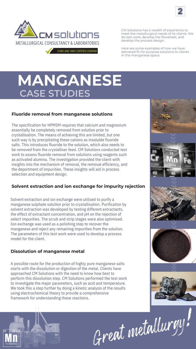 NCrundwellUber's tweet image. Part 2 of the CM Solutions Metallurgical Consultancy &amp;amp; Laboratories #Manganese Case Studies. Continue to discover how we partner with clients in the manganese space. We don't just do #testwork - we also develop the #flowsheet and develop the #processdesign. #batterymetals