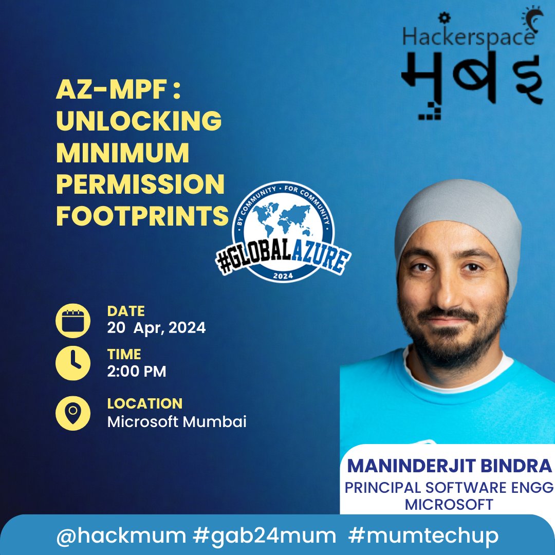 Hackerspace Mumbai (@hackmum) on Twitter photo <a href="/neo4j/">Neo4j</a> <a href="/augvcor/">Augustine C</a> <a href="/Microsoft/">Microsoft</a> <a href="/Azure/">Microsoft Azure</a> <a href="/OpenAI/">OpenAI</a> <a href="/SusmitPy/">Susmit</a> <a href="/Uni_Mumbai/">University of Mumbai</a> <a href="/mistryhardik05/">Hardik Mistry</a> 7th session #gab24mum: <a href="/MicrosoftIndia/">Microsoft India and South Asia</a>'s <a href="/maniSbindra/">Maninderjit Bindra</a> will deep dive with a demo into his #OSS project "az-mpf" , which one can use to determine the least privilege permissions necessary for successful #ARM/<a href="/BicepLang/">BicepLang</a> /<a href="/AzureTerraform/">AzureTerraform</a> deployments in <a href="/Azure/">Microsoft Azure</a>
⏲️2.00pm - 2.45 pm <a href="/neo4j/">Neo4j</a> <a href="/augvcor/">Augustine C</a> <a href="/Microsoft/">Microsoft</a> <a href="/Azure/">Microsoft Azure</a> <a href="/OpenAI/">OpenAI</a> <a href="/SusmitPy/">Susmit</a> <a href="/Uni_Mumbai/">University of Mumbai</a> <a href="/mistryhardik05/">Hardik Mistry</a> 7th session #gab24mum: <a href="/MicrosoftIndia/">Microsoft India and South Asia</a>'s <a href="/maniSbindra/">Maninderjit Bindra</a> will deep dive with a demo into his #OSS project "az-mpf" , which one can use to determine the least privilege permissions necessary for successful #ARM/<a href="/BicepLang/">BicepLang</a> /<a href="/AzureTerraform/">AzureTerraform</a> deployments in <a href="/Azure/">Microsoft Azure</a>
⏲️2.00pm - 2.45 pm