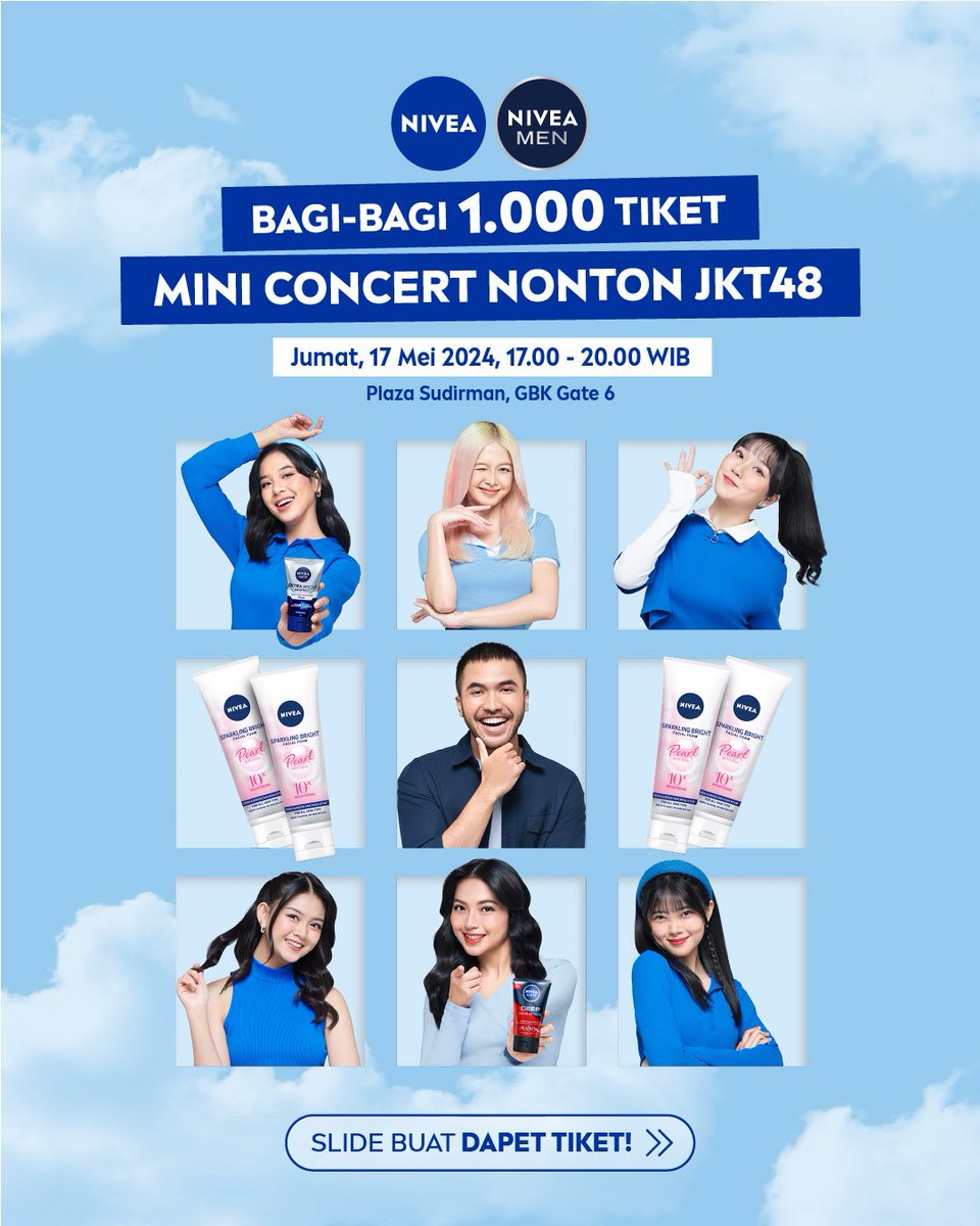 NIVEA_ID's tweet photo. Yuk, nonton mini concert JKT48 bareng NIVEA, syaratnya: WAJIB bawa pasangan! 😆

Catat tanggalnya:
📅: Jumat, 17 Mei 2024
⏰: Start from 17.00 WIB
📍: Plaza Sudirman, GBK Gate 6

Dapatkan 1.000 tiket GRATIS dengan cara: beli 1pc NIVEA MEN Facial Foam 100ml varian apapun DAN 1pc NIVEA Sparkling Bright Facial Foam 100ml di toko offline, & upload struknya ke Nivi!

5 orang Top Spender dengan pembelian terbanyak akan mendapatkan hadiah tambahan senilai jutaan rupiah lho!

Periode kompetisi cuma sampai 13 Mei 2024. Buruan ikutan! 💙