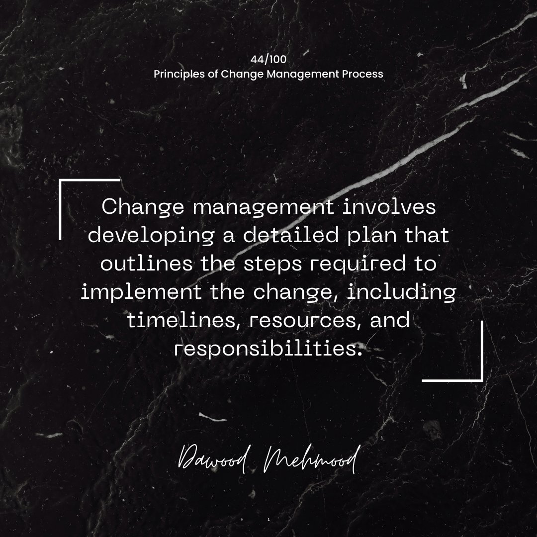 Change management involves developing a detailed plan that outlines the steps required to implement the change, including timelines, resources, and responsibilities.

#ChangeManagement #OrganizationalChange #ChangeProcess #ChangeLeadership #TransformationManagement #Adaptability