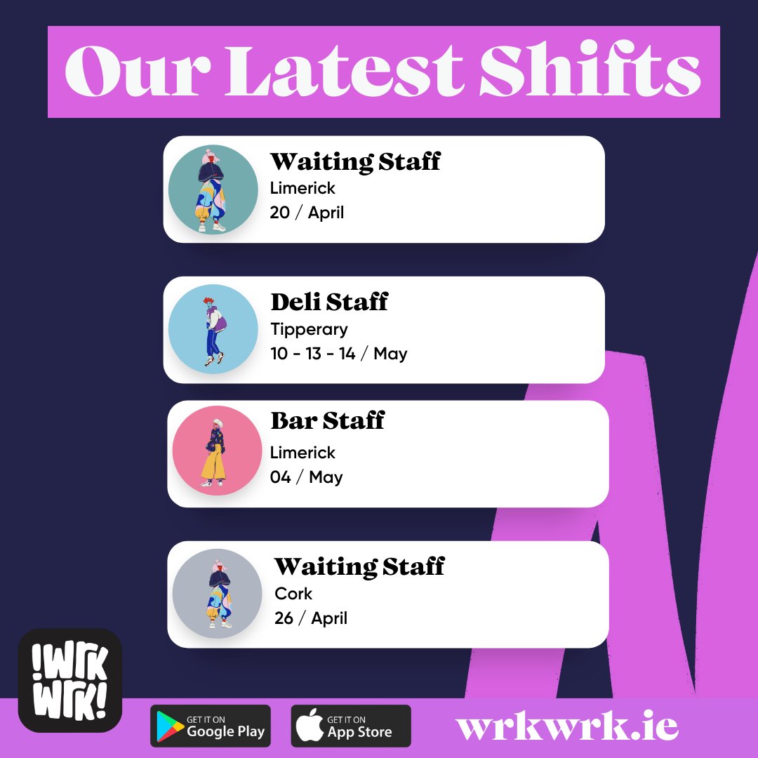 Check out our latest shifts happening all over Ireland! 

Download the app now bit.ly/45NzcIi  

#WorkOpportunities #Ireland #wrkwrk #wrkstars #hiring #bar #barstaff #waitingstaff #limerick #cork #tipperary