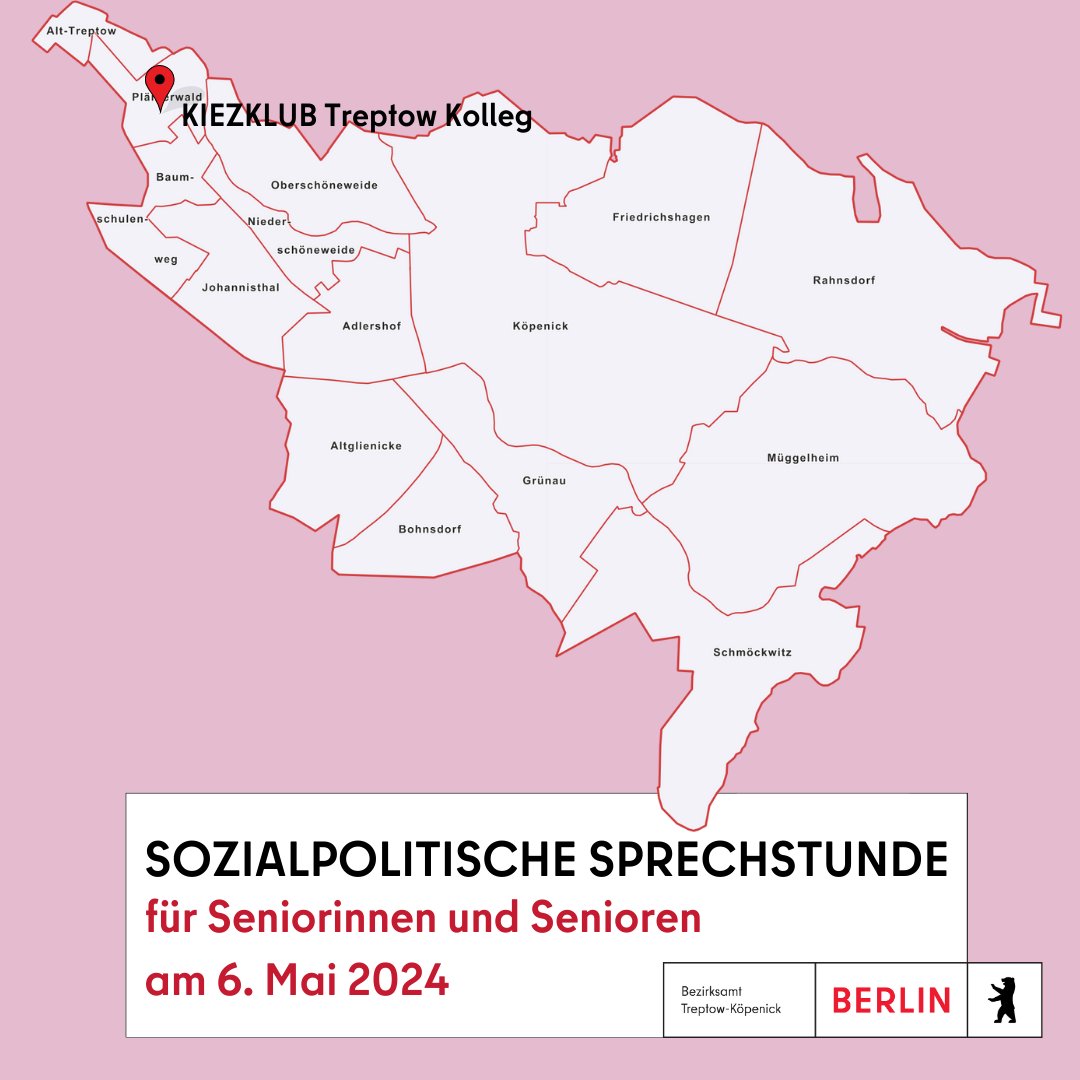 Sozialpolitische Sprechstunde der Bezirksstadträtin für Soziales, Gesundheit, Arbeit und Teilhabe @StadtraetinTK und der Seniorenvertretung #Treptow-#Köpenick 📆 6. Mai 🕙 10:30-12:00 Uhr 📍 KIEZKLUB Treptow Kolleg, Raum A-107 Zur Pressemitteilung: sohub.io/4gss