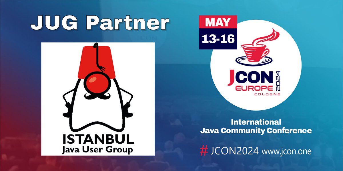 Great! @jug_istanbul is back as a partner of #JCON2024! For all #JUG members we offer 1,000 free #JavaUserGroup tickets, first come, first serve! #JCON #Java @nurselcbr @ajitatif Get your free JUG ticket: bit.ly/jcon24-eu-jug-… Become a partner: jcon.koeln/#partner