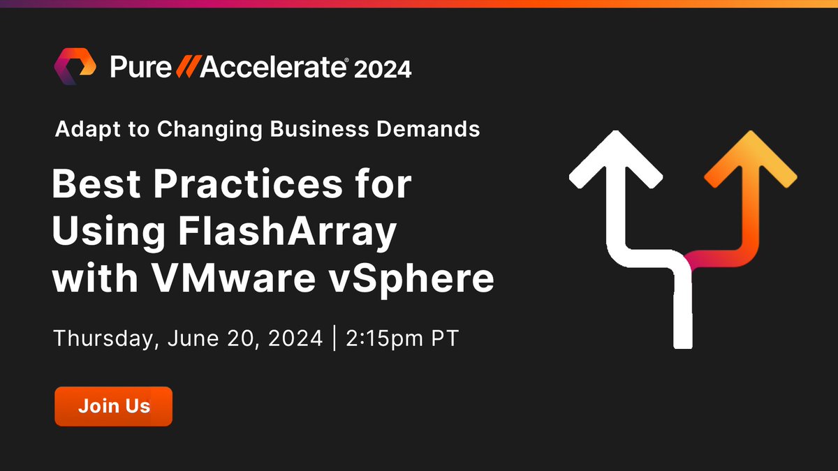 Learn how to maximize performance, reliability & stability with FlashArray and #VMware vSphere at #PureAccelerate 2024 and get tips on networking, recovery, and #NVMe-oF from experts from @VMware & #PureStorage: purefla.sh/43Kdg04 #data #DataStorage #DataCenter #IT