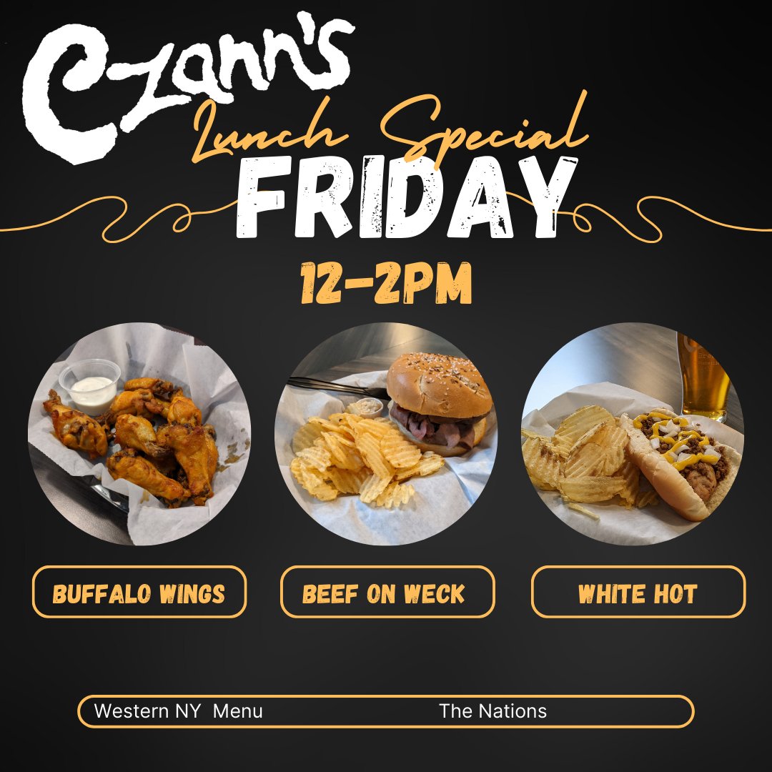 Stop in today between 12 - 2pm and enjoy 2 for 1 beer pints with an order from our Western NY menu.