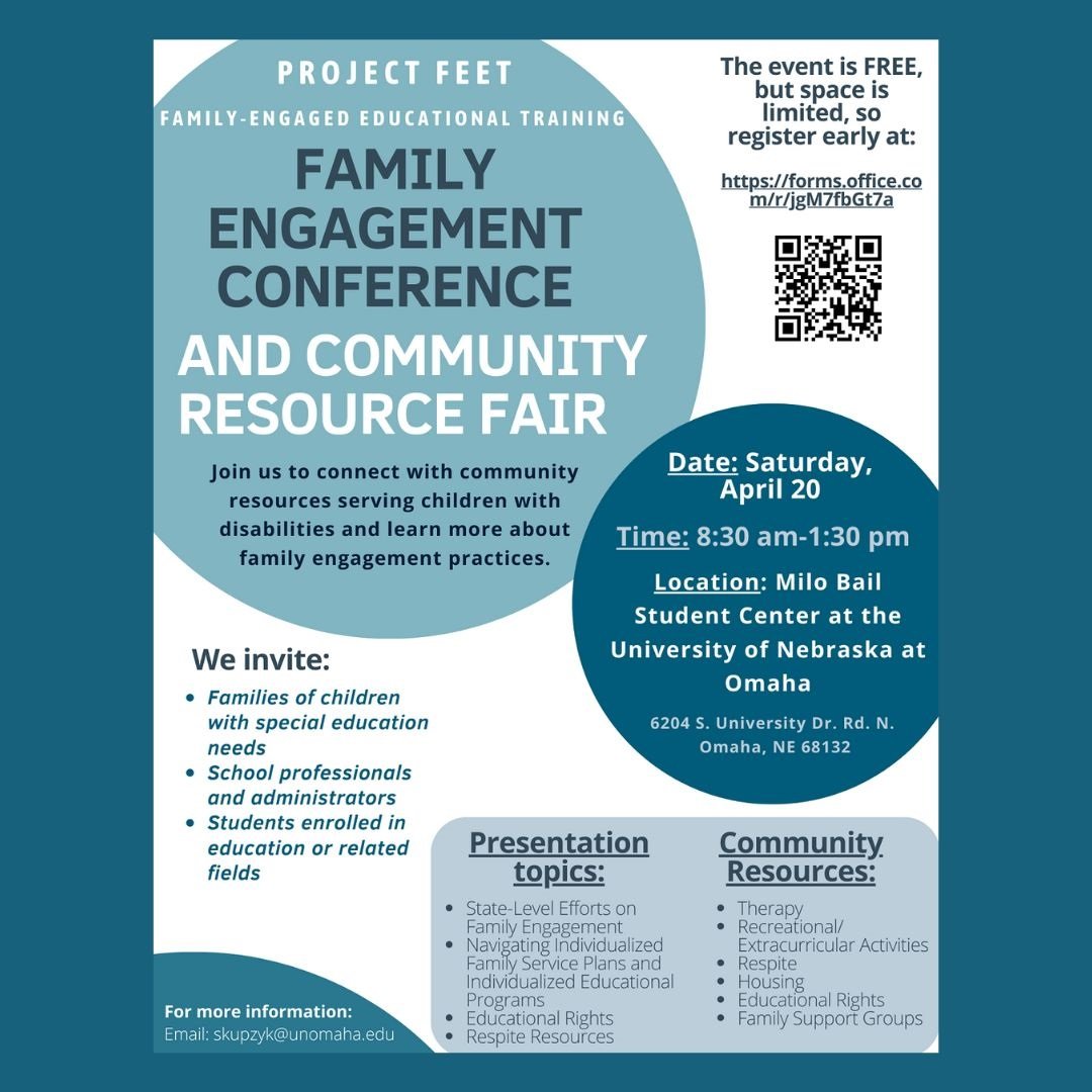 Connect with community resources serving children with disabilities and learn more about family engagement on April 20th, from 8:30 am - 1:30 pm. To register: hubs.ly/Q02pkGRn0 #educationmatters #sped #inclusion @UNOSECD @SCEC_UNO @UNOCEHHS @UNOmaha @UNOGradStudies @UNOmaha