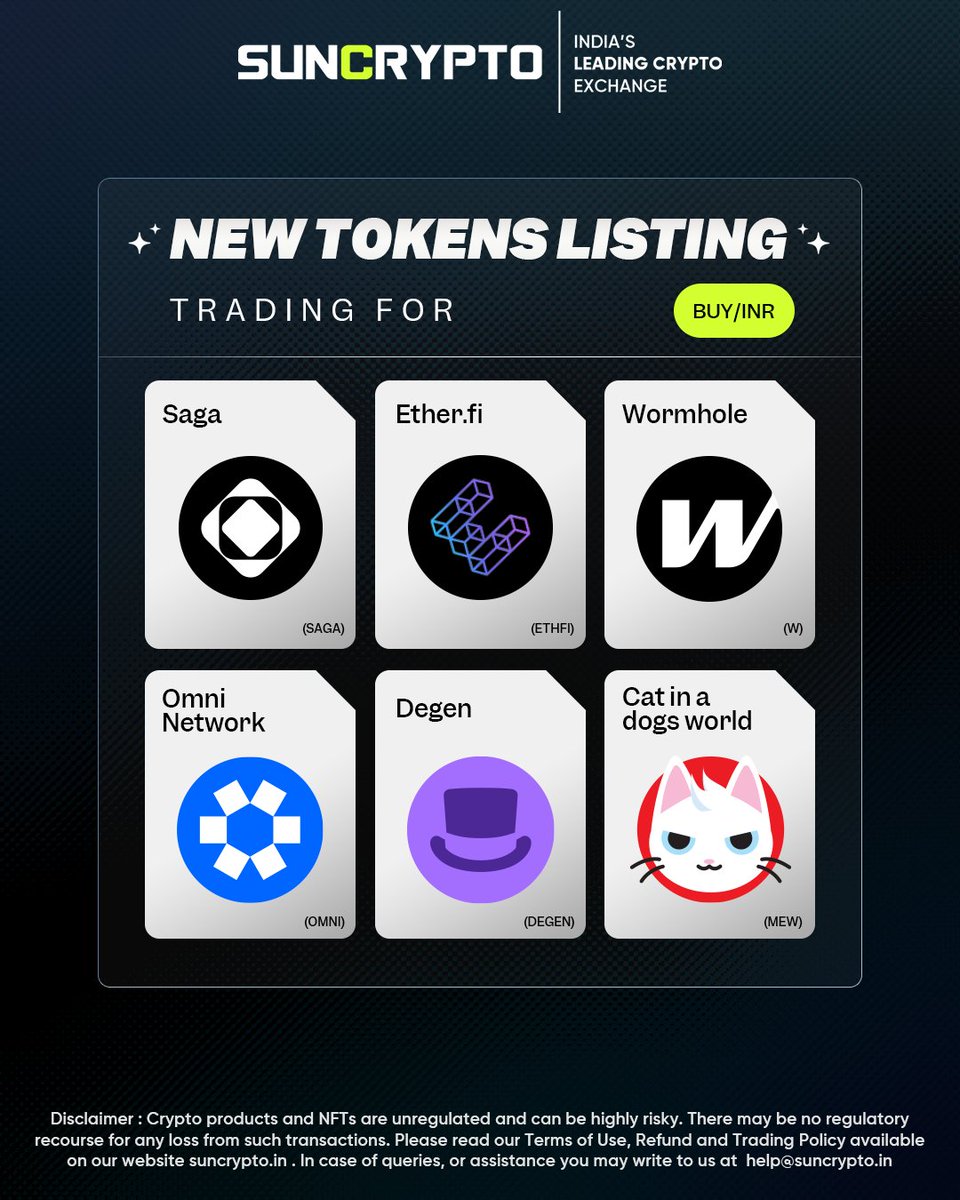 @suncryptoin added six new cryptocurrencies to its trading services - Saga (SAGA), Ether.fi (ETHFI), Wormhole (W), Omni Network (OMNI), Degen (DEGEN) & Cat in a dogs world (MEW). 💰🤑 #SunCrypto #Bitcoin #cryptocurrencies #CryptoNews #newcoins #newcryptocoins