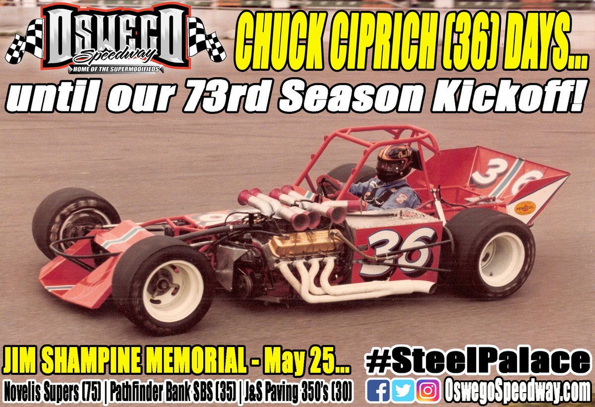 Chuck Ciprich (36) days until our Barlow's Concessions 73rd Season Kickoff headlined by the 75-lap, $4,000 to win Jim Shampine Memorial for @Novelis #Supermodifieds on Saturday, May 25! #SteelPalace