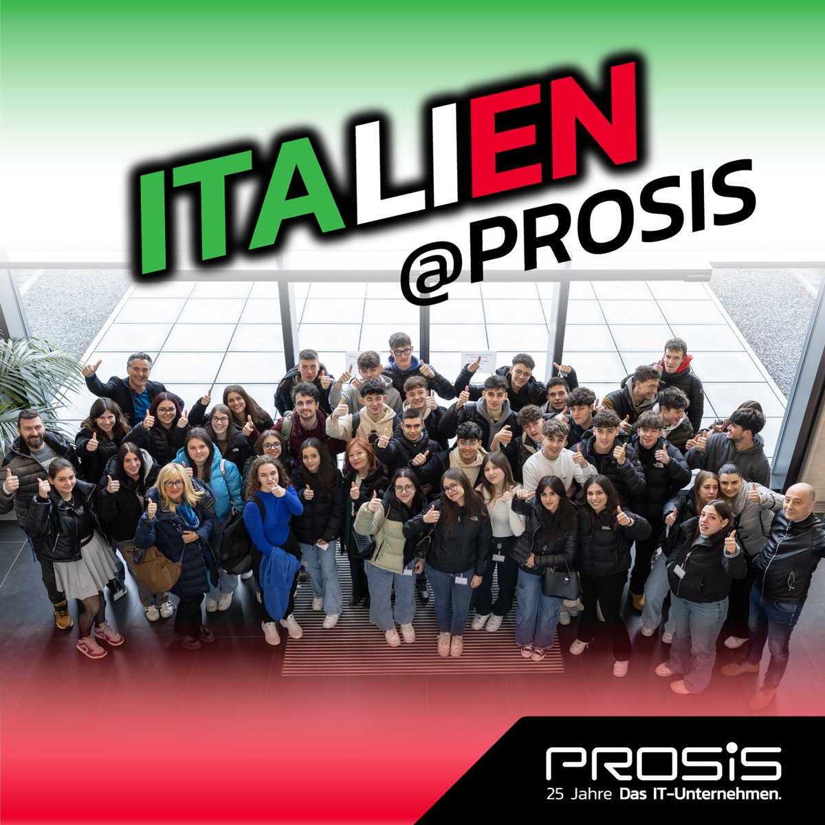 Diese Woche hatten wir 45 Schüler des „Istituto Tecnico Economico "Vittorio Bachelet" di Ferrara“ inkl. Lehrkräften aus Italien zu Gast. Mit umfassenden Einblicken in die PROSIS, einer Hausführung und leckerem Mittagessen haben wir die Gäste nachhaltig beeindrucken können.