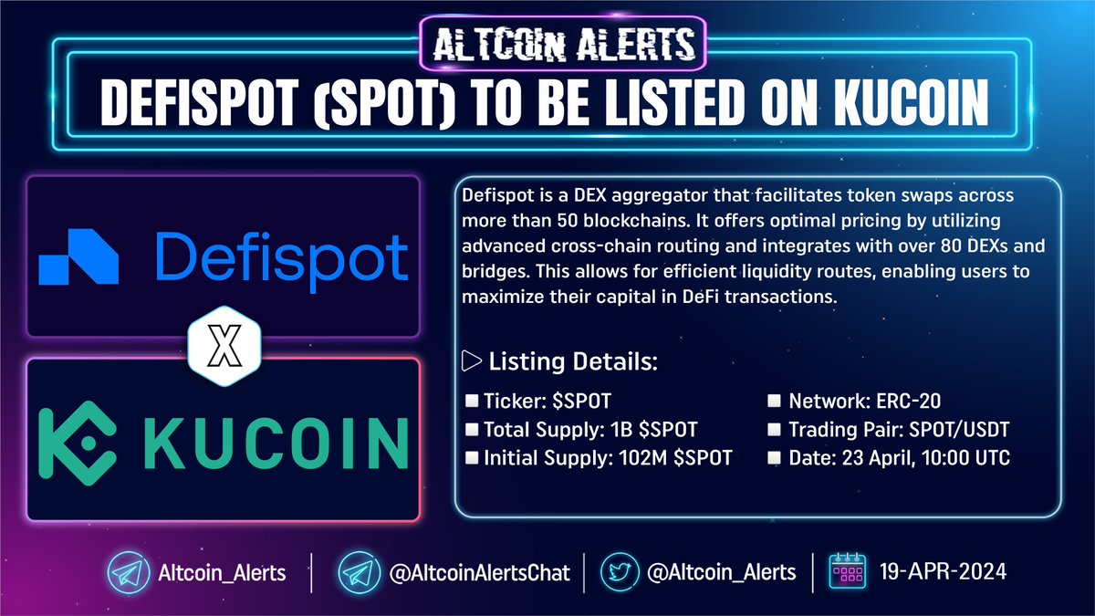 Altcoin_Alerts's tweet photo. 🔔 @Defispot (SPOT) to Be Listed on @kucoincom !
#Defispot announces that its native token $SPOT will be listed on #Kucoin on 23 April, 10:00 UTC. The $SPOT Token has total token supply of 1 billion and initial circulation supply is 102 million $SPOT. Defispot has more than 50K traders, $2.3 billion Trading volume and it is incubated by @THORChain.
Defispot is a #DEX aggregator that facilitates token swaps across more than 50 #blockchains. It offers optimal pricing by utilizing advanced cross-chain routing and integrates with over 80 #DEXs and bridges. This allows for efficient liquidity routes, enabling users to maximize their capital in #DeFi transactions.
▶️ Check More Details Here:
https://t.co/xwk4SYVP5a
▶️ Project Socials:
▪️Website: https://t.co/xsq5WT4m7V
▪️Twitter: https://t.co/QHuSB3YToK
▪️Telegram: https://t.co/komGd5oP9F
