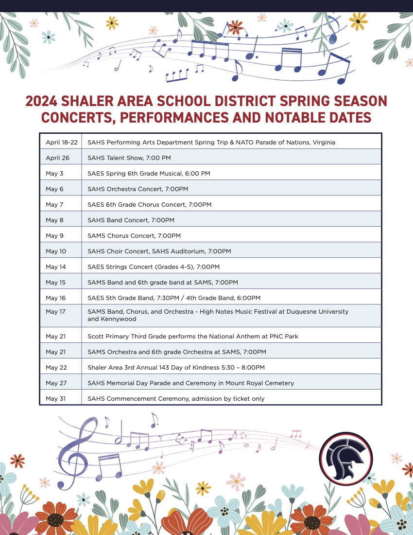 Make plans to join us at one of our spring performances to see the talent and heart of Shaler Area students! 🎶🎵

#WeAreSA #TitanPride