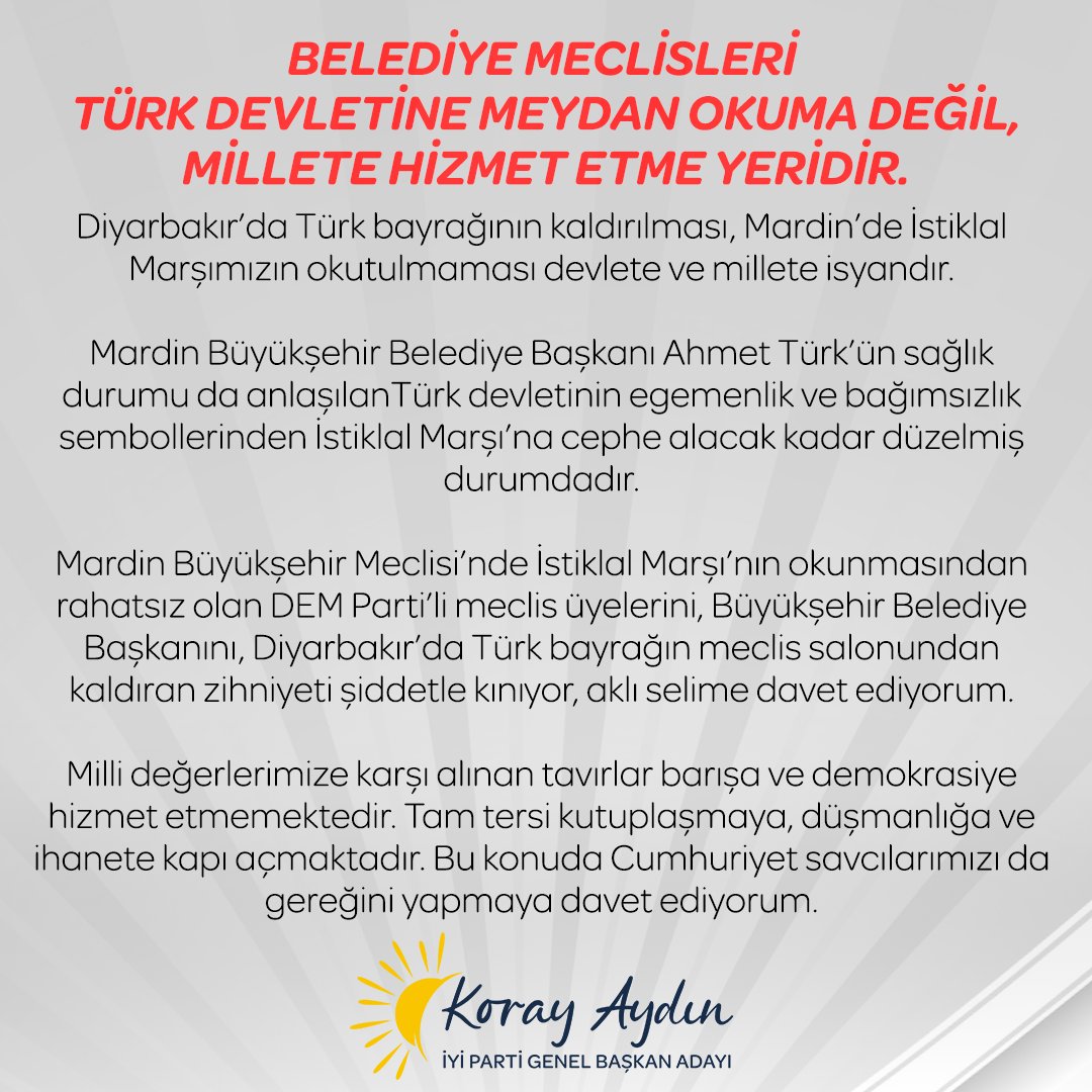 ❌Belediye meclisleri #Türk devletine meydan okuma değil, millete hizmet etme yeridir. 🇹🇷Diyarbakır’da Türk bayrağının kaldırılması, Mardin’de İstiklal Marşımızın okutulmaması devlete ve millete isyandır. 👉Mardin Büyükşehir Belediye Başkanı Ahmet Türk’ün sağlık durumu da