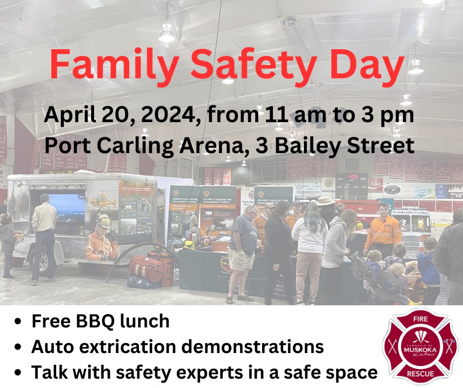 Need something to do with the kiddos this weekend. Join us at the Port Carling Arena tomorrow for our Family Safety Day. We will have fun activities, prizes, a free lunch, and watch our members cut up some cars.