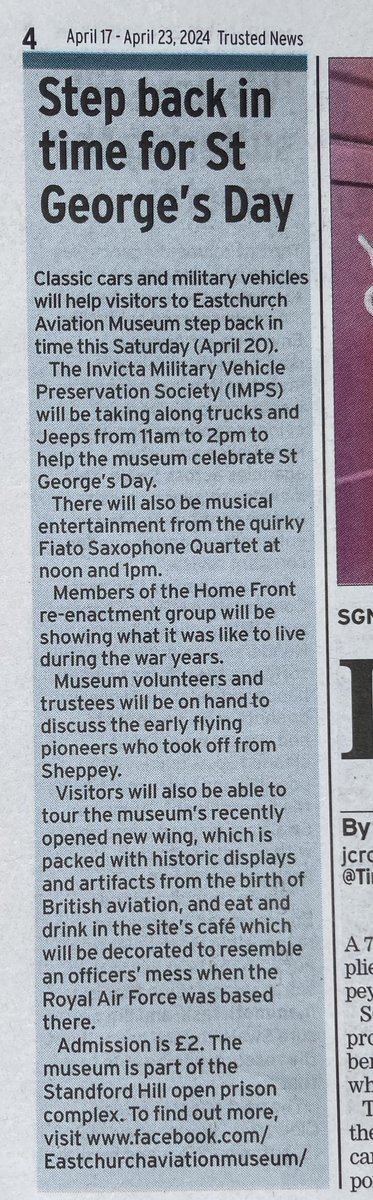 Thank you @TimesGuardian for mentioning this in this week’s newspaper - lots of military vehicles at Eastchurch Aviation Museum tomorrow (Saturday) from 11am to 3pm to help celebrate St George’s Day