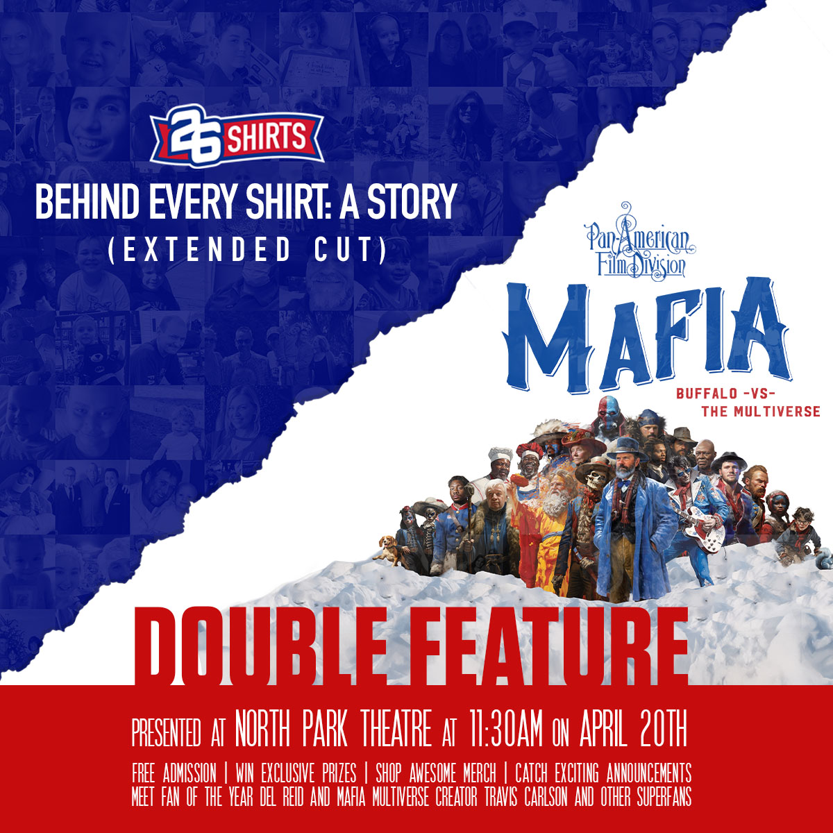 TOMORROW at @NorthParkTheatr: Our *FREE* Double Feature with Pan American Films is at 11:30am. We're proud to be showing the extended cut of @buffaloabove's award-winning short film 'Behind Every Shirt: A Story' There will be cool giveaways and stuff as well. Hope to see you!