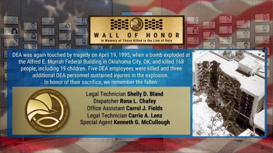 Today marks the 29th anniversary of the Oklahoma City bombing that claimed 168 lives, including 5 DEA employees. Today, and every day, we remember Shelly D. Bland, Rona L. Chafey, Carrol J. Fields, Carrie A. Lenz, and Kenneth G. McCullough. Read more at dea.gov/sites/default/…