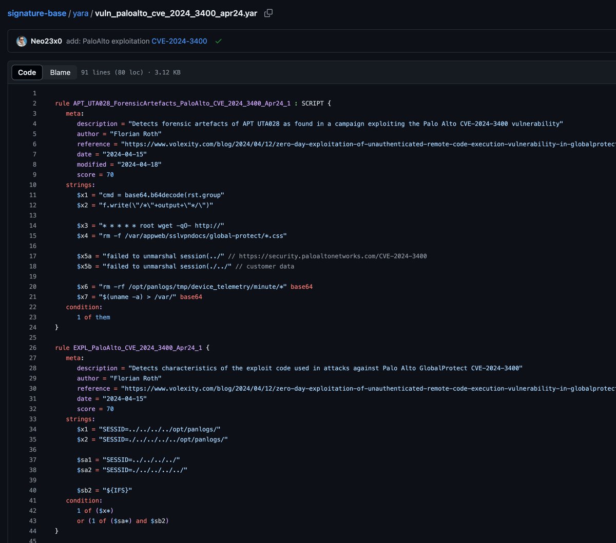 cyb3rops's tweet photo. We decided to share our #YARA rules to scan for indicators of the exploitation of CVE-2024-3400 in #PaloAlto's PAN-OS with the community and included some of the generic rules (detect similar attacks)

Three Steps

1. Generate a Tech Support file and extract it
https://t.co/ITPOvDtw7U

2. Download and extract THOR Lite
https://t.co/EVPjanmunk

3. Scan the extracted folder (tech support files)

thor64-lite.exe -a FileScan -p ..\2024XXXX_XXXX_techsupport.tgz_unpacked --intense --cross-platform --max-file-size 500MB

YARA Rules (already included in THOR Lite's signature package)
https://t.co/qMgto8kP9k